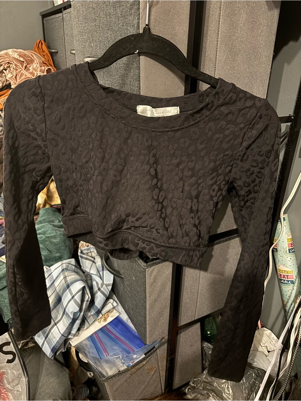 Long-Sleeve Black Textured Crop Top